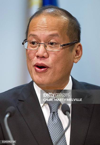 Philippine President Benigno Aquino speaks to the media during a joint press conference with New Zealand Prime Minister John Key after their meeting...