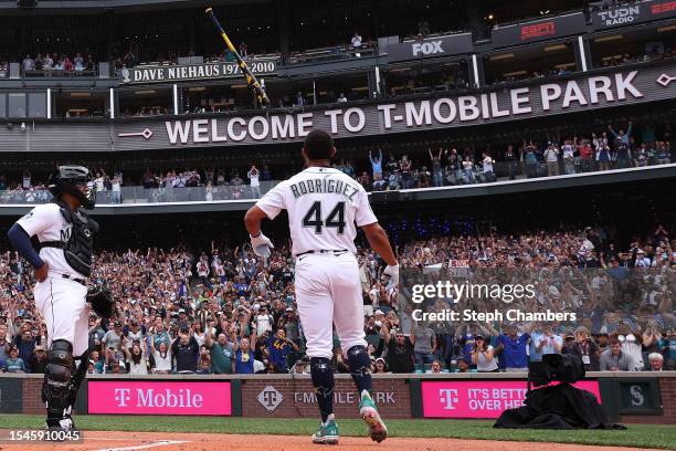 Julio Rodríguez of the Seattle Mariners reacts during the T-Mobile Home Run Derby at T-Mobile Park on July 10, 2023 in Seattle, Washington.