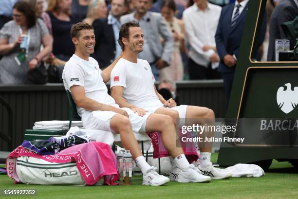 Neal Skupski of Great Britain celebrates victory with Wesley Koolhof of the Netherlands following the Men's Doubles Finals against Marcel Granollers...