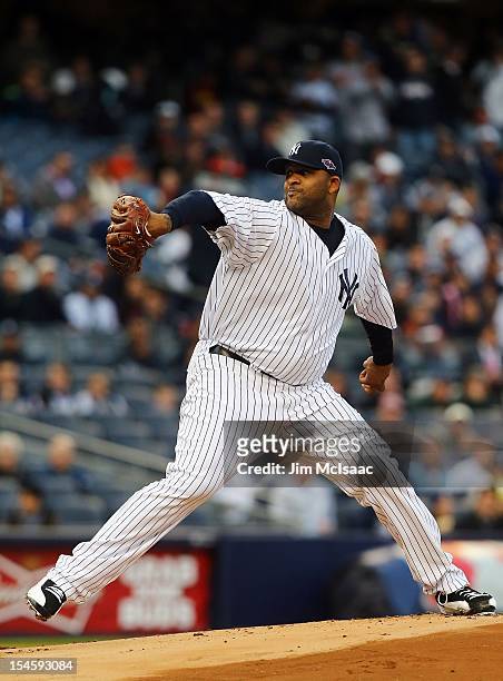Sabathia of the New York Yankees in action against the Baltimore Orioles during Game Five of the American League Division Series at Yankee Stadium on...