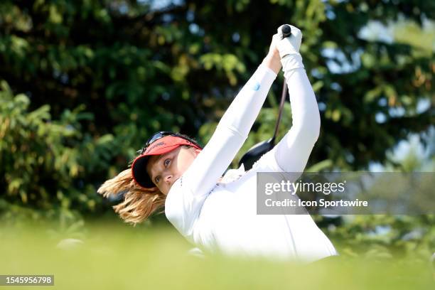 Golfer Brooke Henderson hits her tee shot on the 14th hole on July 20 during the second round of the Dow Great Lake Bay Invitational at Midland...