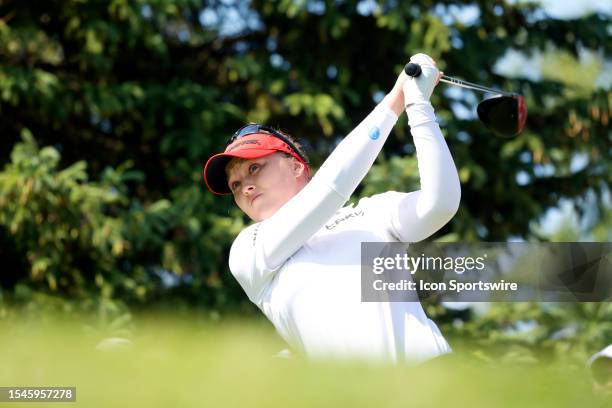 Golfer Brooke Henderson hits her tee shot on the 14th hole on July 20 during the second round of the Dow Great Lake Bay Invitational at Midland...