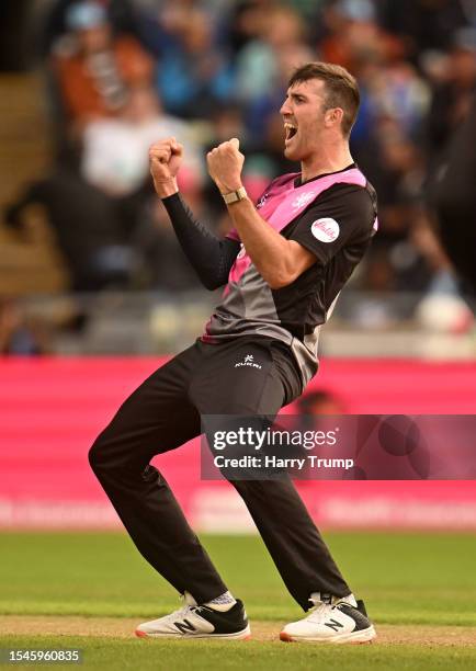 Craig Overton of Somerset celebrates the wicket of Chris Jordan of Surrey during the Vitality Blast T20 Semi-Final 2 match between Somerset and...