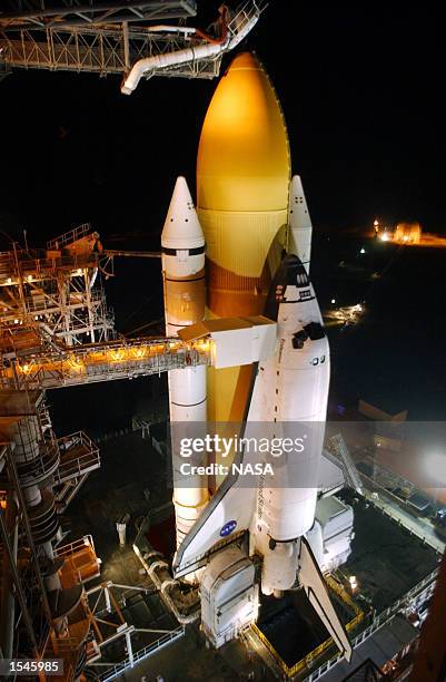Space Shuttle Endeavour is positioned at the launch pad May 30, 2002 at the Kennedy Space Center near Cape Canaveral, FL. STS-111 is the second...