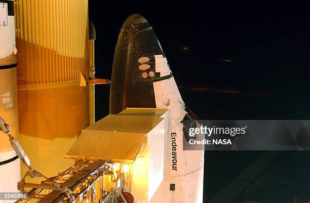 Space Shuttle Endeavour is positioned at the launch pad May 30, 2002 at the Kennedy Space Center near Cape Canaveral, FL. STS-111 is the second...