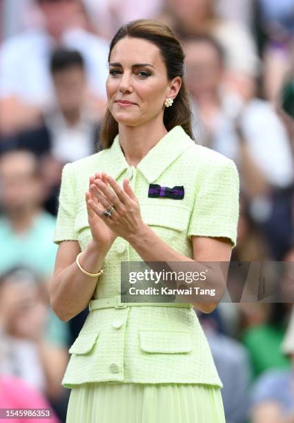 Catherine, Princess of Wales attends day thirteen of the Wimbledon Tennis Championships at All England Lawn Tennis and Croquet Club on July 15, 2023...