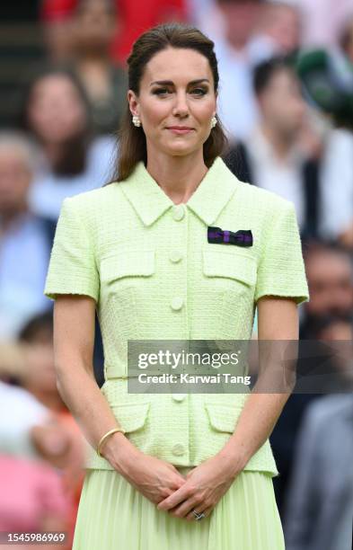 Catherine, Princess of Wales attends day thirteen of the Wimbledon Tennis Championships at All England Lawn Tennis and Croquet Club on July 15, 2023...