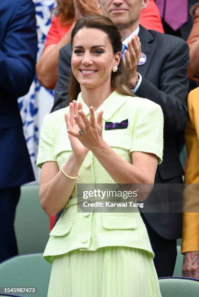 Catherine, Princess of Wales attends day thirteen of the Wimbledon Tennis Championships at All England Lawn Tennis and Croquet Club on July 15, 2023...