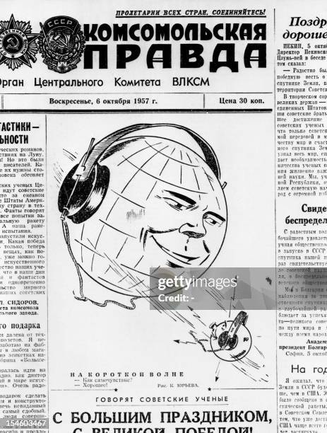 Picture dated 06 October 1957 shows the frontpage of the Sovietic newspaper Pravda after the launch of world's first satellite Sputnik I. On October...