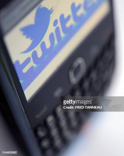 Picture taken on October 23, 2012 shows the screen of a blackberry phone reading the name of micro-blogging site Twitter below its logo. AFP PHOTO...