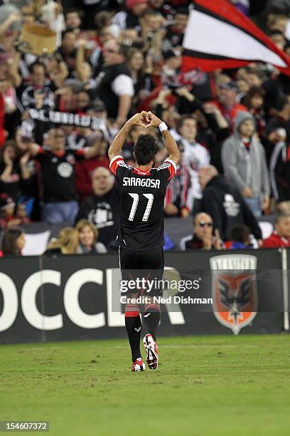 Marcelo Saragosa of DC United gestures to the crowd against the Columbus Crew at RFK Stadium on October 20, 2012 in Washington, DC. DC United won 3-2.