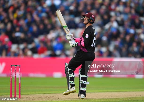 Tom Banton of Somerset scoops for six during the Vitality Blast T20 Final between Essex Eagles and Somerset at Edgbaston on July 15, 2023 in...
