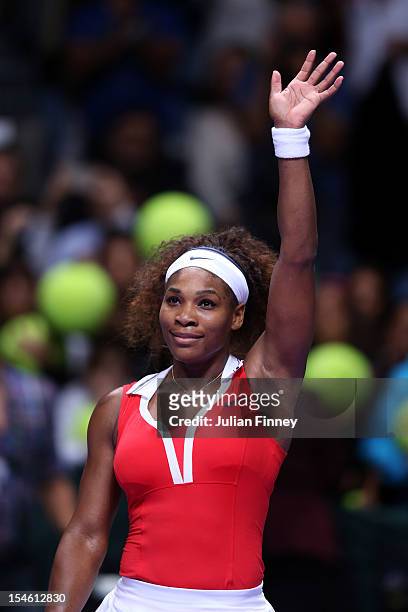 Serena Williams of USA celebrates defeating Angelique Kerber of Germany during day one of the season ending TEB BNP Paribas WTA Championships Tennis...