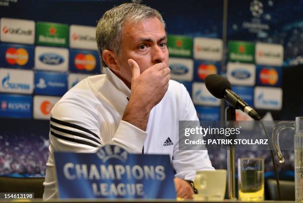 Real Madrid´s head coach Jose Mourinho attends a press conference in Dortmund, western Germany on October 23 on the eve of the UEFA Champions League...