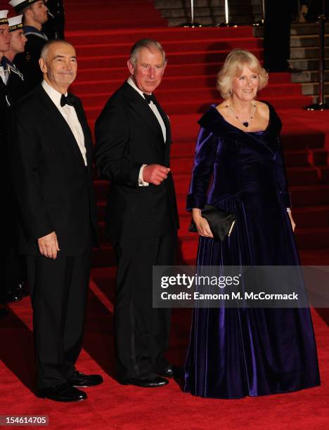 Producer Michael G. Wilson and Prince Charles, Prince of Wales and Camilla, Duchess of Cornwall attend the Royal World Premiere of 'Skyfall' at the...