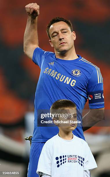 John Terry captain of Chelsea lines up ahead of the UEFA Champions League Group E match between Shakhtar Donetsk and Chelsea at the Donbass Arena on...