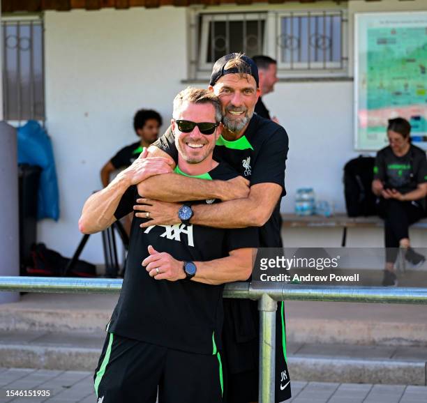 Jurgen Klopp manager of Liverpool and Billy Hogan CEO of Liverpool during a training session on July 15, 2023 in UNSPECIFIED, Germany.