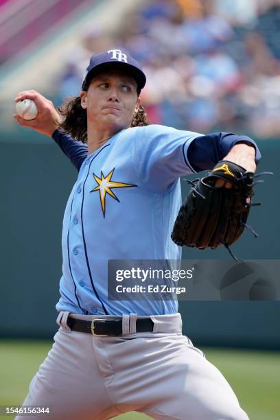 Tyler Glasnow of the Tampa Bay Rays throws in the first inning against the Kansas City Royals during game one of a doubleheader at Kauffman Stadium...