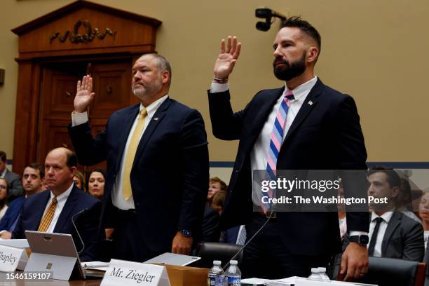 Agents and whistleblowers Gary Shapley, left and Joseph Ziegler, are sworn in during Congress at a House Oversight and Accountability Committee...