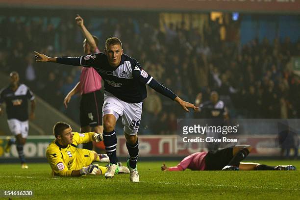 Chris Wood of Millwall celebrates his second goal during the npower Championship match between Millwall and Birmingham City at The Den on October 23,...
