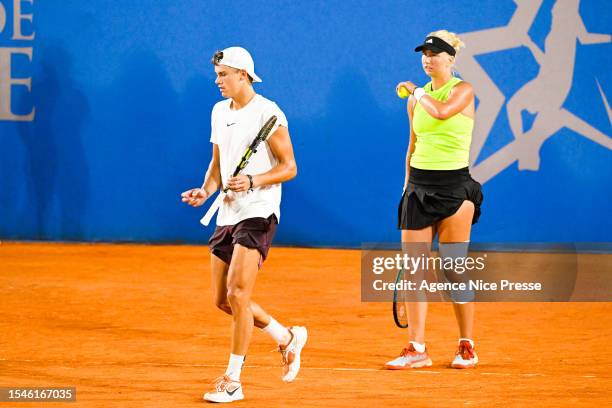 Clara TAUSON and Holger RUNE of Denmark during the Day 2 of Hopman Cup at Nice Lawn Tennis Club on July 20, 2023 in Nice, France.