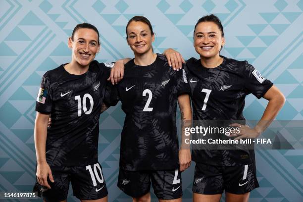 Annalie Longo, Ria Percival and Ali Riley of New Zealand pose during the official FIFA Women's World Cup Australia & New Zealand 2023 portrait...