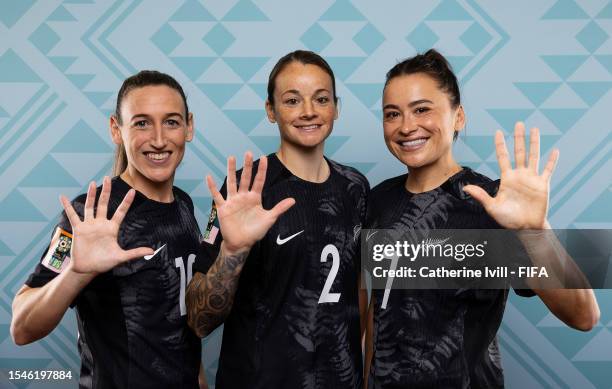 Annalie Longo, Ria Percival and Ali Riley of New Zealand pose during the official FIFA Women's World Cup Australia & New Zealand 2023 portrait...