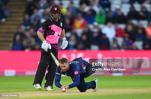 Matt Critchley of Essex drops a catch, as decided by the third umpire , off a shot from Lewis Gregory of Somerset during the Vitality Blast T20 Final...