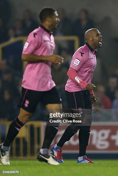 Marlon King of Birmingham City celebrates his first goal during the npower Championship match between Millwall and Birmingham City at The Den on...
