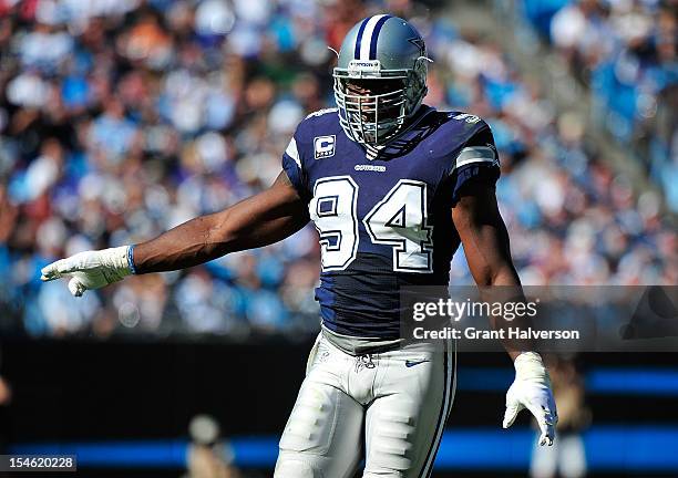 DeMarcus Ware of the Dallas Cowboys against the Carolina Panthers during play at Bank of America Stadium on October 21, 2012 in Charlotte, North...