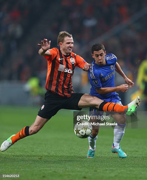 Olexandr Kucher of Shakhtar Donetsk fouls Eden Hazard of Chelsea during the UEFA Champions League Group E match between Shakhtar Donetsk and Chelsea...