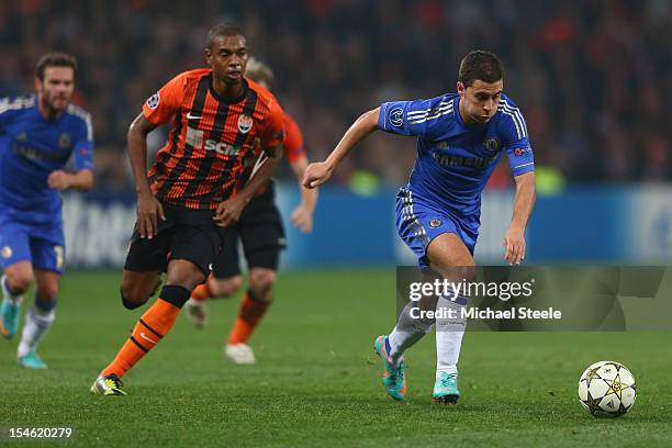 Fernandinho of Shakhtar Donetsk tracks Eden Hazard of Chelsea during the UEFA Champions League Group E match between Shakhtar Donetsk and Chelsea at...