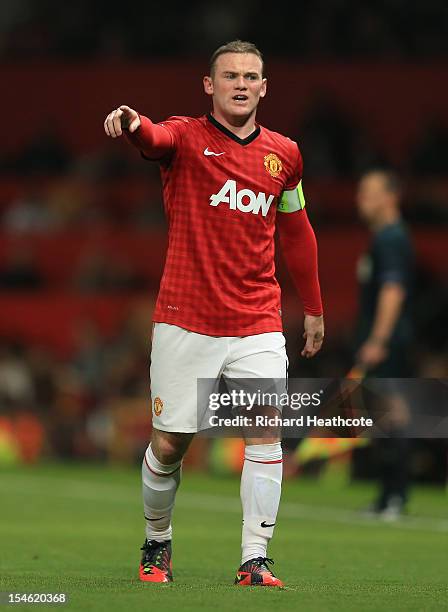 Wayne Rooney of Manchester United reacts during the UEFA Champions League Group H match between Manchester United and SC Braga at Old Trafford on...