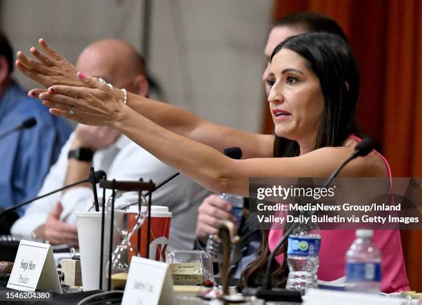 Chino Valley Unified School District President Sonja Shaw tells a woman who disrupted the school board meeting to leave the room at Don Lugo High...