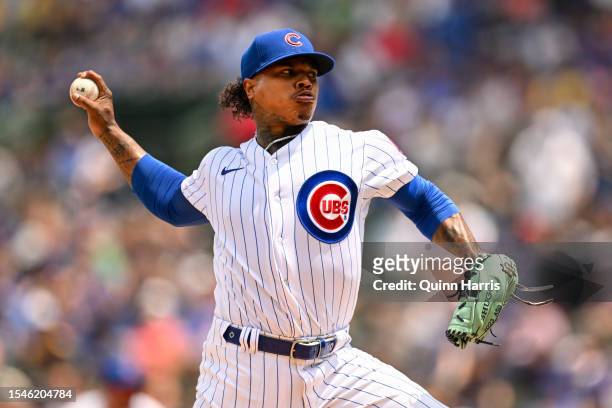 Starting pitcher Marcus Stroman of the Chicago Cubs pitches in the first inning of the game against the Boston Red Sox at Wrigley Field on July 15,...