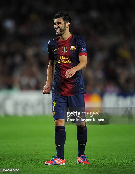 David Villa of Barcelona reacts during the UEFA Champions League group G match between FC Barcelona and Celtic FC at the Camp Nou stadium on October...