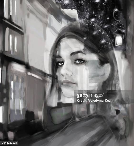 translucent female portrait on the background of a city street - staring stock illustrations