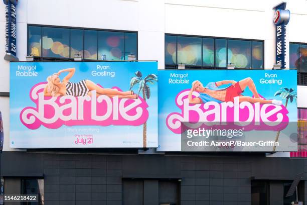 General views of the 'Barbie' skyscraper billboard campaign at Hollywood & Highland on July 20, 2023 in Hollywood, California.