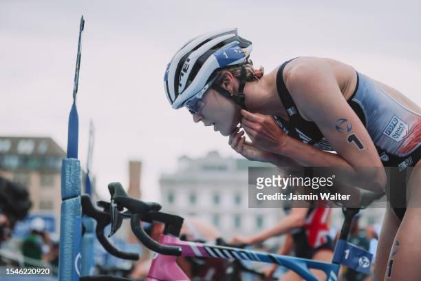 Cassandre Beaugrand of France performs in the bike leg of the Women's Elite Sprint Race during the Hamburg Wasser World Triathlon on July 15, 2023 in...
