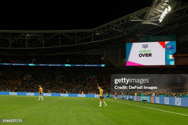 Players looking at VAR prior to the FIFA Women's World Cup Australia and New Zealand 2023 Group B match between Australia and Ireland at Stadium...