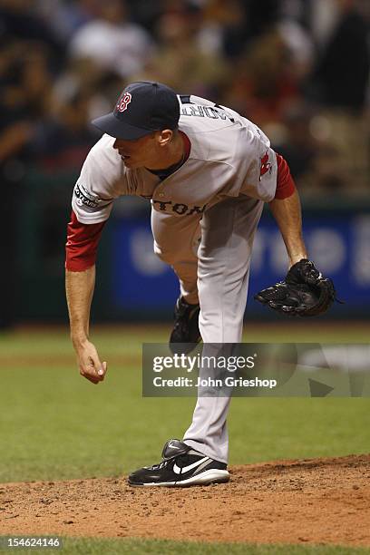 Clayton Mortenson of the Boston Red Sox delivers the pitch during the game against the Cleveland Indians at Progressive Field on August 11, 2012 in...