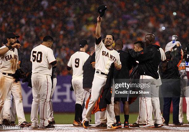 Clay Hensley of the San Francisco Giants celebrates after the Giants defeat the St. Louis Cardinals 9-0 in Game Seven of the National League...