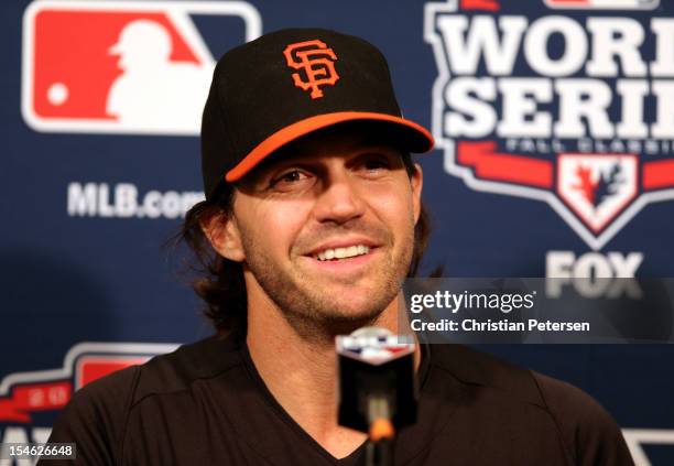 Starting pitcher Barry Zito of the San Francisco Giants answers questions during World Series Media Day at AT&T Park on October 23, 2012 in San...