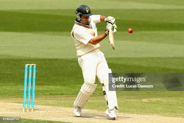 Ricky Ponting of the Tigers plays a shot during day two of the Sheffield Shield match between the Victorian Bushrangers and the Tasmanian Tigers at...