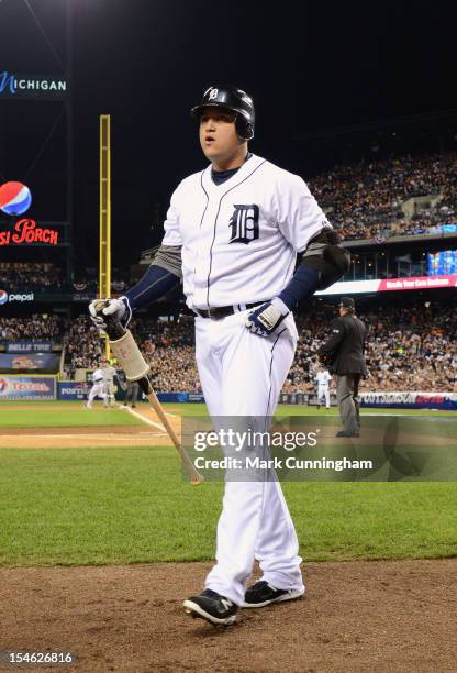 Miguel Cabrera of the Detroit Tigers waits on-deck to bat during Game Three of the American League Championship Series against the New York Yankees...