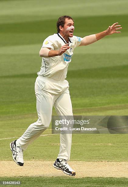 John Hastings of the Bushrangers celebrates a wicket during day two of the Sheffield Shield match between the Victorian Bushrangers and the Tasmanian...