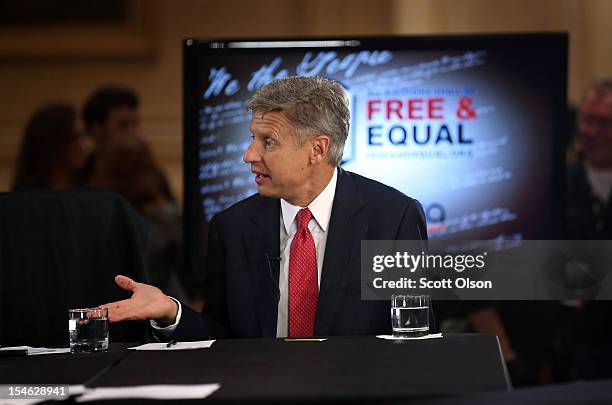 Libertarian Party candidate Gary Johnson is interviewed prior to a debate hosted by the Free and Equal Elections Foundation and moderated by former...