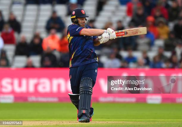 Adam Rossington of Essex hits runs during the Vitality Blast T20 Final between Essex Eagles and Somerset at Edgbaston on July 15, 2023 in Birmingham,...