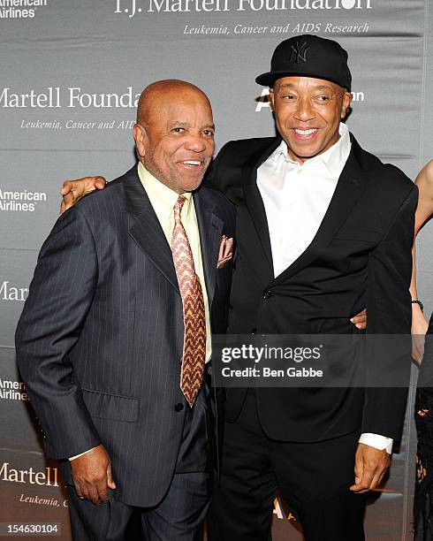 Berry Gordy and Russell Simmons attend The T.J. Martell Foundation 37th Annual Honors Gala at Cipriani 42nd Street on October 23, 2012 in New York...