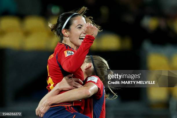 Spain's midfielder Aitana Bonmati celebrates after scoring the team's second goal during the Australia and New Zealand 2023 Women's World Cup Group C...
